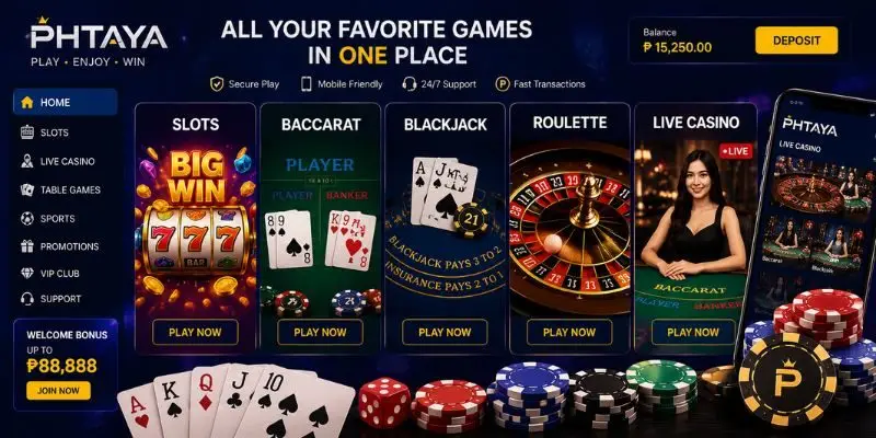 Filipino players using mobile phones to access PHTAYA online gaming platform with casino games and live tables 
