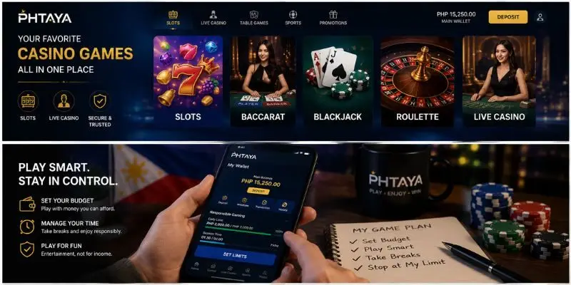 PHTAYA online gaming casino interface showing slots baccarat blackjack roulette and live casino options 